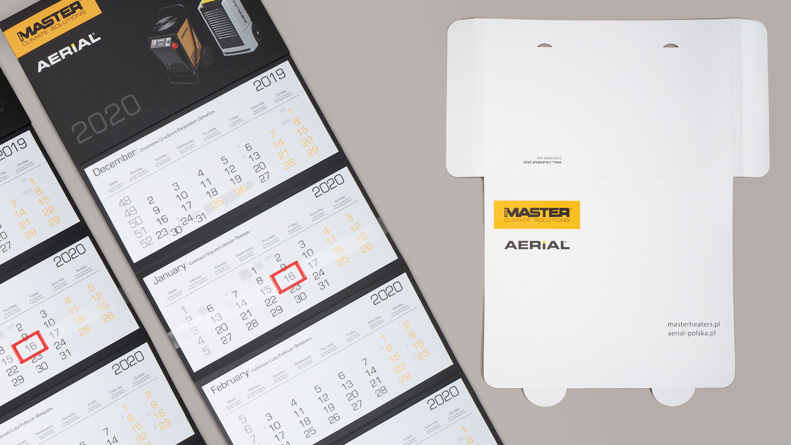 Master Climate Solutions – kalendarz czterodzielny z wypukłą główką i kopertą oraz kalendarz biurkowy stojący (piramidka) z dwoma notesami
